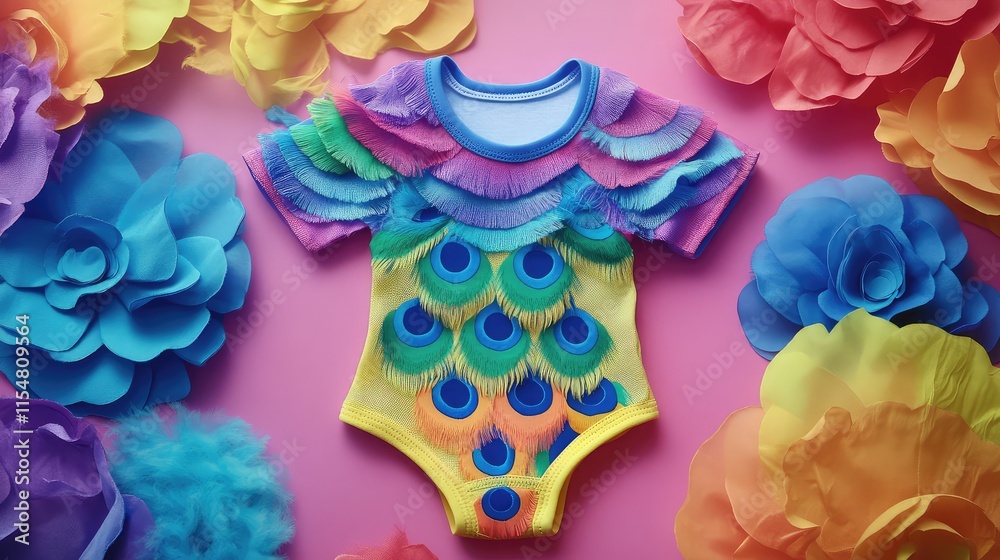 Fototapeta premium Colorful Baby Swimsuit with Feather Design and Floral Background