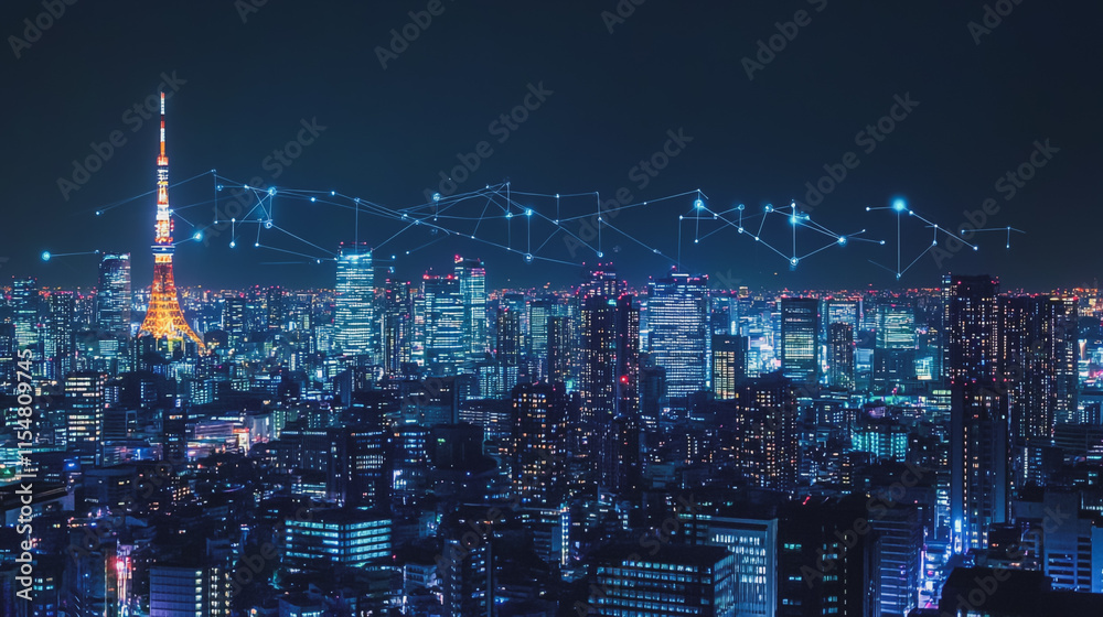 Obraz premium Smart digital city with connection cyber security network reciprocity over the cityscape . future smart wireless digital city and social media networking systems that connects people within the city