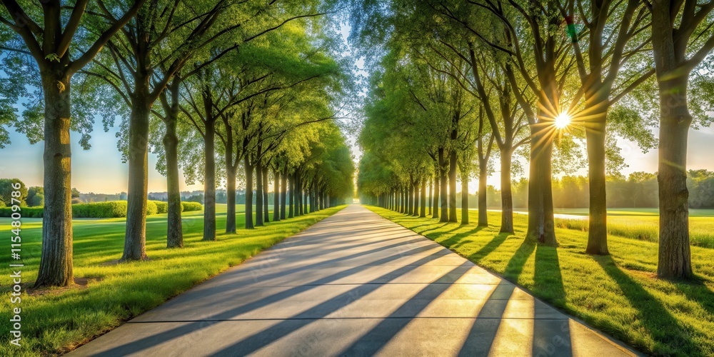 Fototapeta premium Sunlit Pathway Through a Lush Green Tree-Lined Avenue