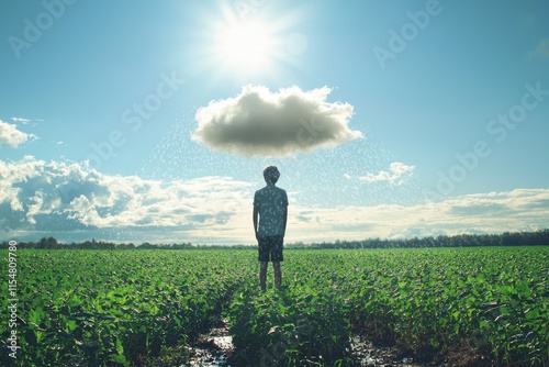 Symbolic Representation of Personal Hardship Under a Self-Created Rain Cloud in Sunny Field photo