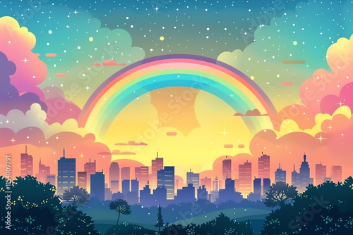 Rainbow over vibrant city skyline at sunset.