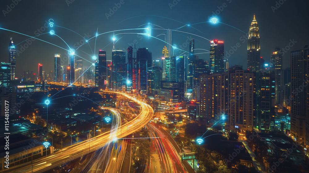 Fototapeta premium Smart digital city with connection cyber security network reciprocity over the cityscape . future smart wireless digital city and social media networking systems that connects people within the city