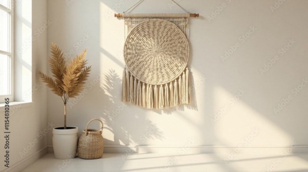 Obraz premium Sunlit Room Decor Neutral-toned Woven Wall Hanging, Dried Floral Arrangement, and Basket