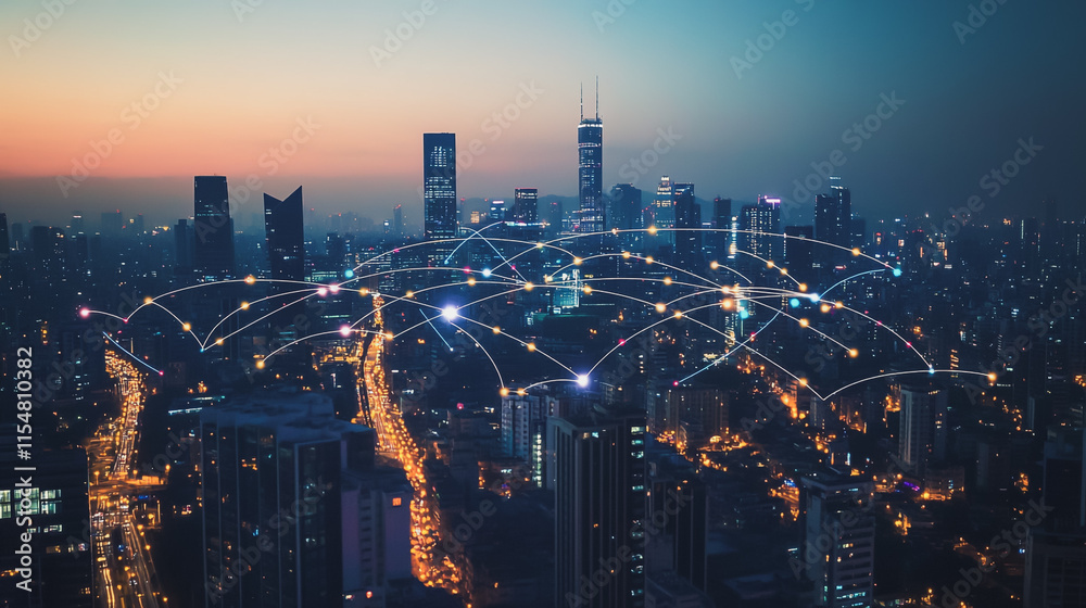 Fototapeta premium Smart digital city with connection cyber security network reciprocity over the cityscape . future smart wireless digital city and social media networking systems that connects people within the city