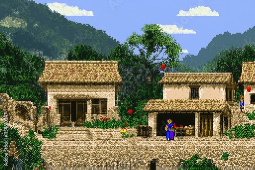 A pixel art depiction of a Hmong village in Vietnam with terraced fields, small huts, and villagers wearing colorful attire, all rendered in a retro 8-bit style with animated lanterns glowing photo