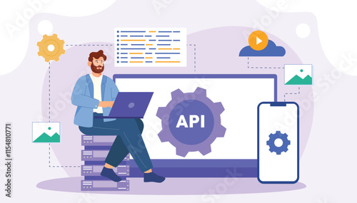 A technical design showing a programmer working on API development, with cloud and integration symbols.