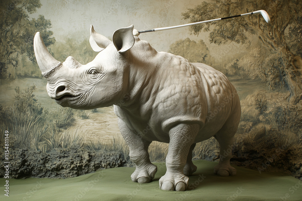 Fototapeta premium Merry Rhino Playing Golf, an Amusing Anthropomorphic Scene