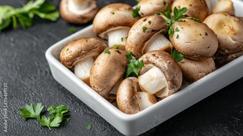 a white rectangular ceramic dish filled with cooked mushrooms photo