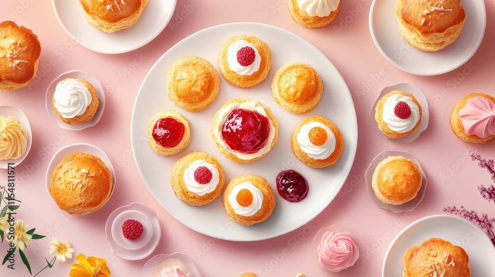 Assorted Delicious Cupcakes and Pastries on a Light Pink Background Assorted Delicious Cupcakes and Pastries on a Light Pink Background