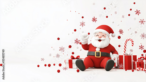  cute cartoon Santa Claus sitting on the ground, smiling and waving his hand with gifts around him. 