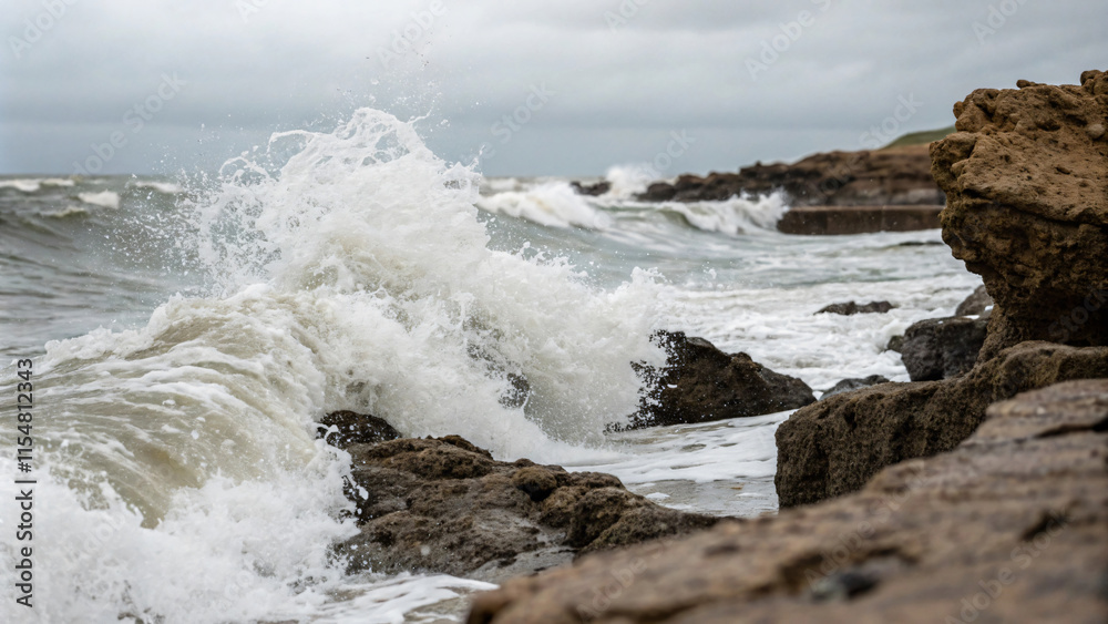 Rough ocean waves crashing against rocky shore, creating dramatic scene Rough ocean waves crashing against rocky shore, creating dramatic scene
