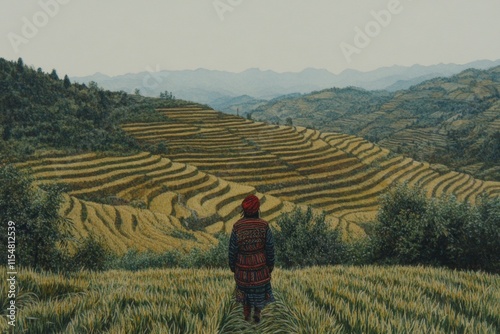 A soft watercolor painting of a Hmong woman walking through a misty terraced field in Sapa, wearing her vibrant traditional attire, with gentle hues blending into the sky