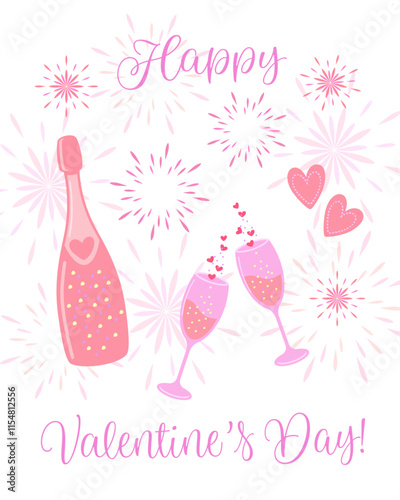 Valentine's Day greeting card with champagne glasses and  sparkling wine vector illustration
