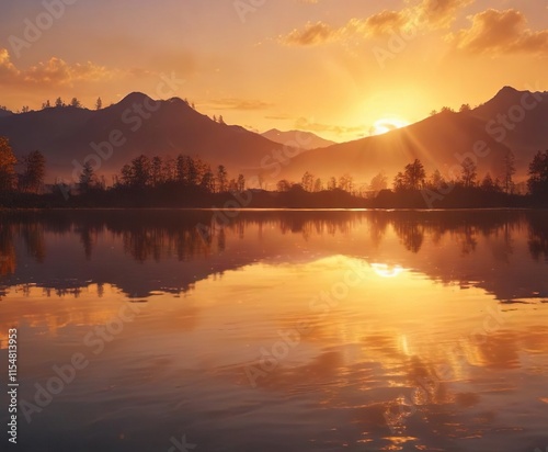Wallpaper Mural Sunset over a serene lake with abstract golden bokeh background, golden bokeh background, serene lake Torontodigital.ca