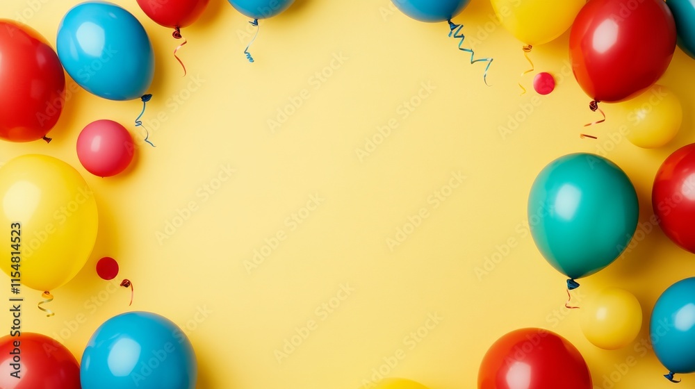63.A festive birthday greeting card template featuring a bright yellow background with vibrant party balloons in assorted colors such as red, blue, and green floating around the edges, creating an 63.A festive birthday greeting card template featuring a bright yellow background with vibrant party balloons in assorted colors such as red, blue, and green floating around the edges, creating an