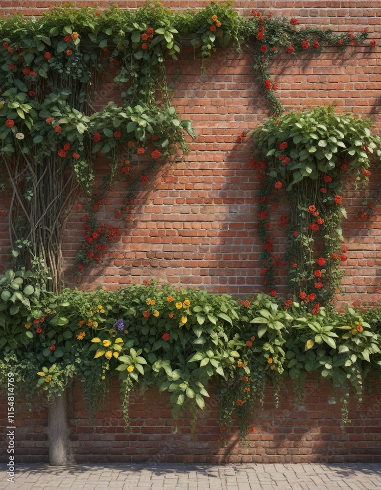 Fototapeta premium The entire brick wall is adorned with vines and climbing plants, stone walls, natural elements