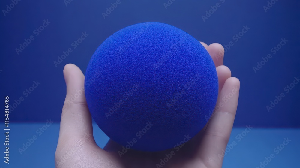 Hand holding a small, textured blue sphere against a blue background. Hand holding a small, textured blue sphere against a blue background.