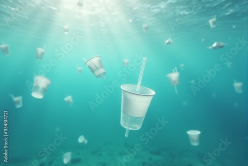 Plastic straws and cups floating in a serene sea