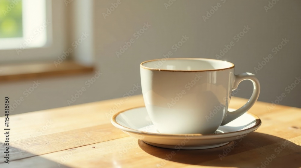 A sunlit ceramic teacup rests on a saucer atop a wooden table near a window A sunlit ceramic teacup rests on a saucer atop a wooden table near a window