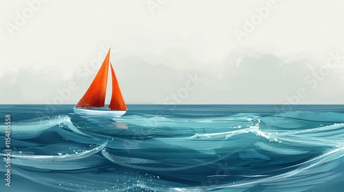 Red sailboat on blue ocean waves.