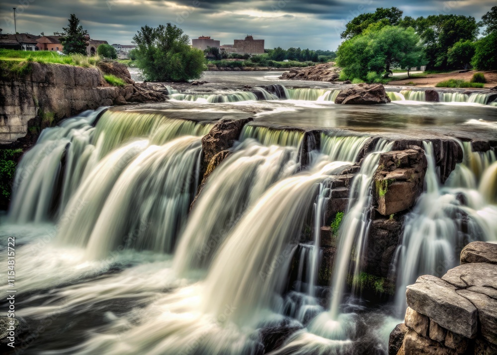 Naklejka premium South Dakota's largest city boasts stunning aerial views: Sioux Falls Waterfall's bokeh-filled beauty.