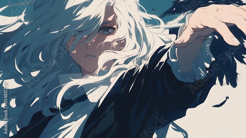 Anime-style white-haired character in a dramatic pose photo