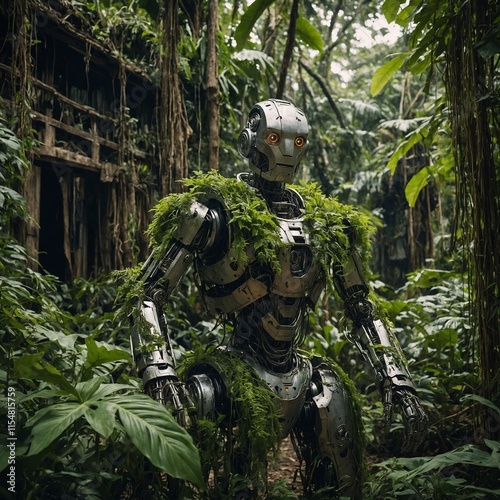 A jungle village where robots wear nature-inspired armor made of vines, leaves, and metal, living as guardians of the forest. photo