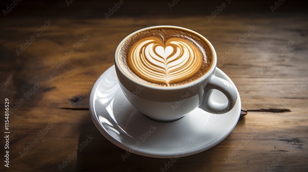 Expertly crafted latte art featuring an elegant rosetta design swirling atop a steaming cup of coffee set against the warm tones of a polished wooden table surface for a cozy inviting ambiance