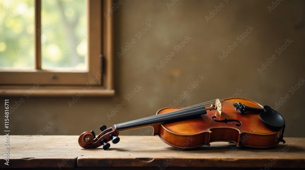 Fototapeta premium A wooden violin rests on a rustic table, bathed in soft light filtering through a nearby window, creating a serene and peaceful atmosphere.