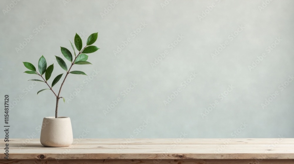 Fototapeta premium Serene Minimalist Still Life Featuring a Small Plant in a Simple Pot on a Light Wooden Table Against a Soft Neutral Background