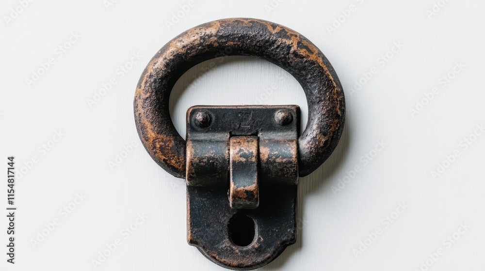 Close-up of an antique, dark bronze, metal drawer pull with an oval shape and intricate details against a white background. Close-up of an antique, dark bronze, metal drawer pull with an oval shape and intricate details against a white background.