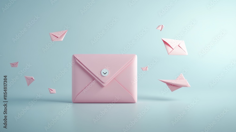 115.Minimalistic 3D render of a pink closed envelope icon with a notification marker on the corner, accompanied by symbols like a folded letter and a small paper plane, all set against a clean grey 115.Minimalistic 3D render of a pink closed envelope icon with a notification marker on the corner, accompanied by symbols like a folded letter and a small paper plane, all set against a clean grey