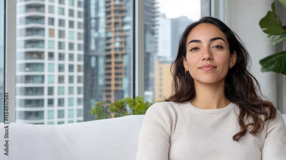 Hispanic woman sitting on sofa near rainy window with skyscrapers Hispanic woman sitting on sofa near rainy window with skyscrapers