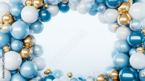117.Elegant 3D rendering of a balloon garland arch in pastel blue, white, and gold, forming a decorative frame around a large circular white space in the center, ideal for wedding or birthday