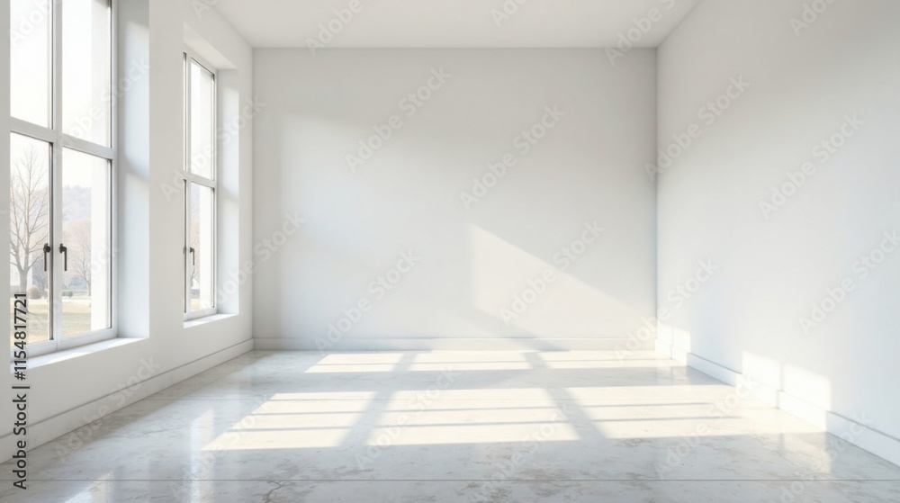 Fototapeta premium Sunlit Empty Room with Clean White Walls and Polished Floor, Ideal for Interior Design Presentations