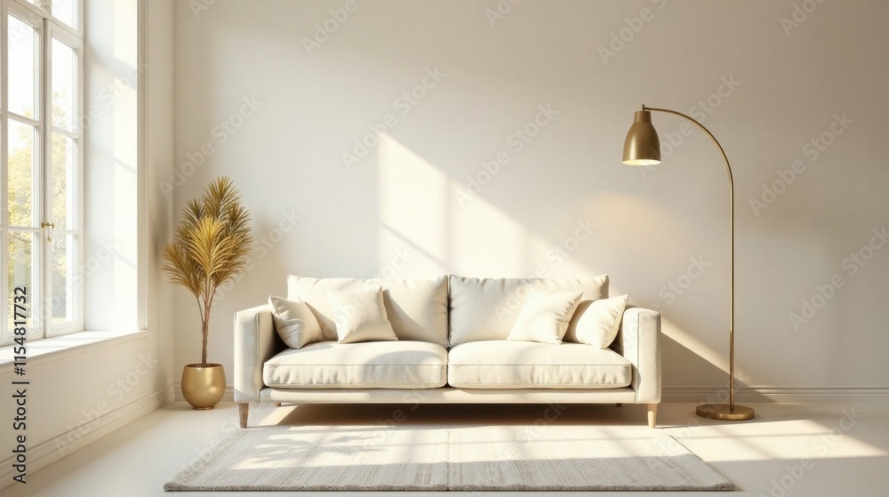 Fototapeta premium Serene Living Room with Cream Sofa, Sunlight Streaming Through Window, and Elegant Gold Floor Lamp