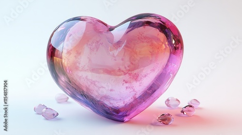 A translucent pink and purple 3D heart, glowing softly, centered on a white backdrop photo