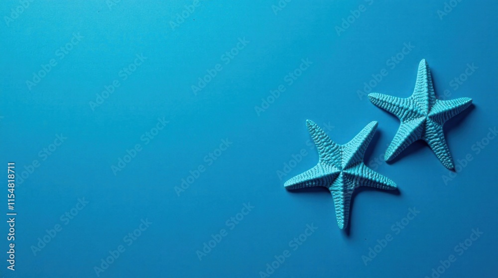 Two Teal Starfish on a Vibrant Blue Background, a Simple Summer Coastal Scene Perfect for Design and Decoration Two Teal Starfish on a Vibrant Blue Background, a Simple Summer Coastal Scene Perfect for Design and Decoration
