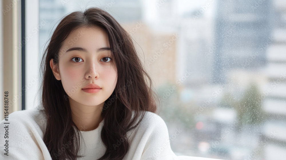 Japanese woman sitting on sofa near rainy window with skyscrapers Japanese woman sitting on sofa near rainy window with skyscrapers