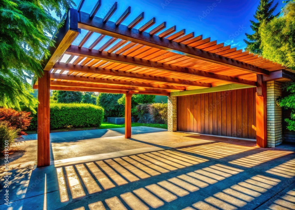 Naklejka premium Detailed summer carport shots, captured with natural light, provide high-resolution architectural photography.