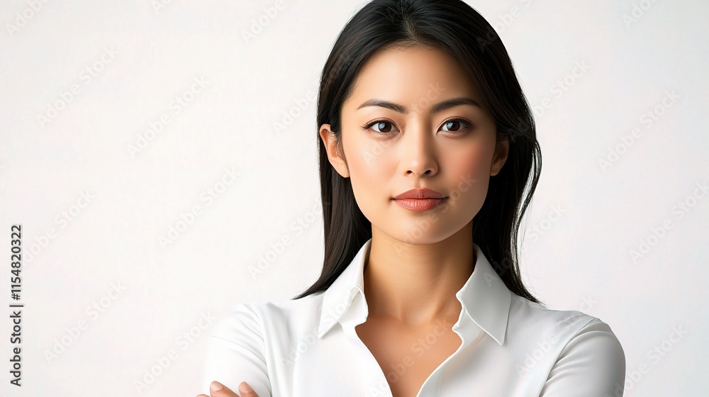 Confident Asian Businesswoman Posing Elegantly Against White Background