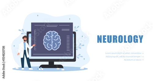 Neurology concept. Male doctor examine MRI scan. Brain disease diagnostics. Vector illustration in flat cartoon style.