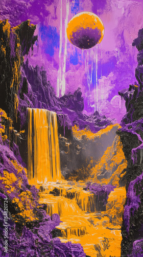 Terraformed Jupiter, Purple and Yellow Waterfall, Alien Landscape, Art Nouveau, Painting