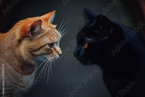 A striking moment captured between a ginger cat and a black cat. Their intense gaze conveys curiosity and connection. This image celebrates the beauty of feline friendship. Generative AI. photo
