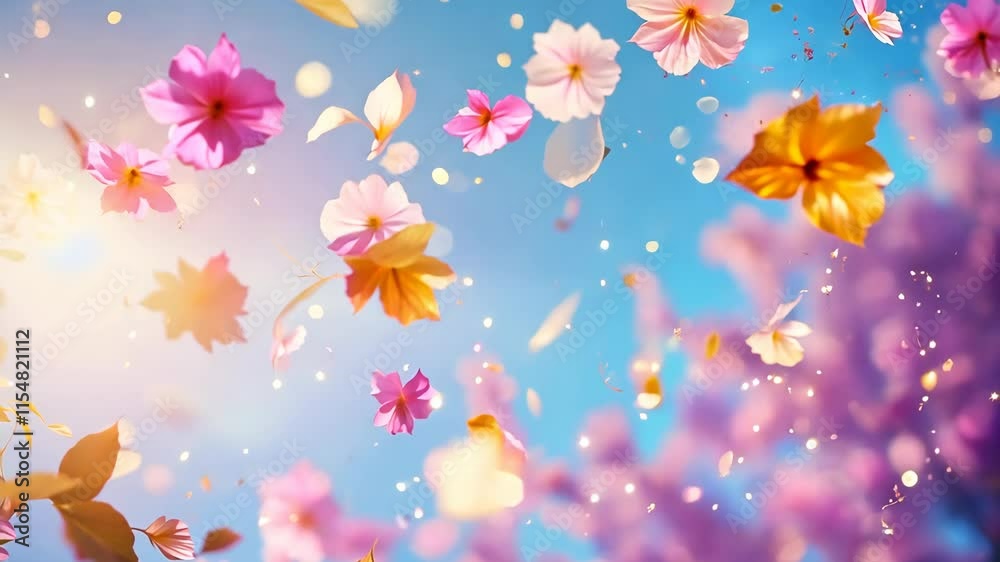 Magical spring ambiance as pink petals cascade from blooming lilac trees under the bright sunlight and blue sky background