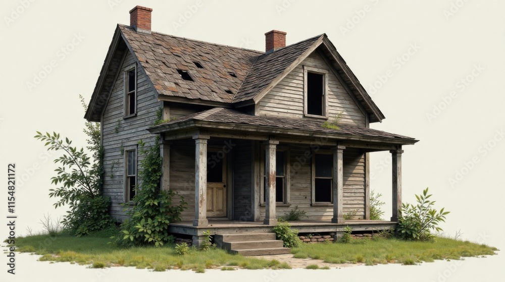A weathered farmhouse, reclaimed by nature, stands alone, its porch steps worn, a testament to time and abandonment.