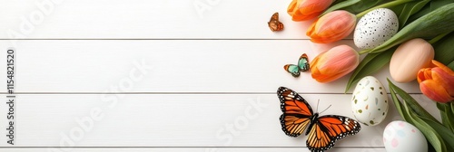 A vibrant Easter celebration showcasing a delightful array of colorful tulips, beautifully painted pastel eggs, and graceful butterflies, all artfully arranged on a charming white wooden background