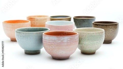 A high-resolution image of handcrafted pottery bowls with pastel tones on a white background.--ar 16:9 photo