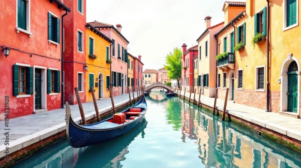 A picturesque canal scene featuring vibrant buildings, a tranquil waterway, and a gondola serenely afloat A picturesque canal scene featuring vibrant buildings, a tranquil waterway, and a gondola serenely afloat