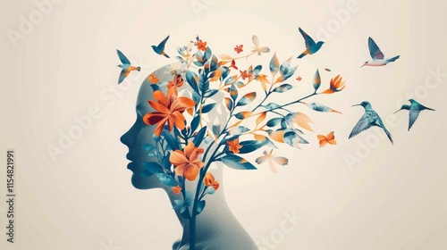 Abstract mental health illustration featuring a floral silhouette with blooming flowers and flying birds symbolizing growth, peace, and mental well-being.